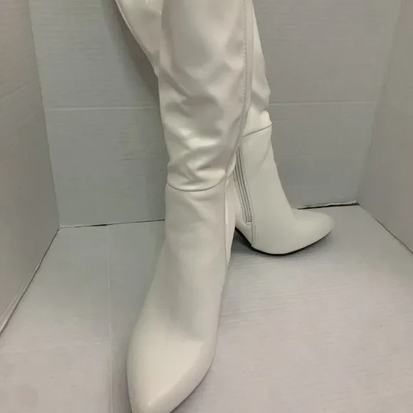 Womens Pointed Toe Zip Up Formal Chunky High Heel Knee High Boots - Picture 4 of 8